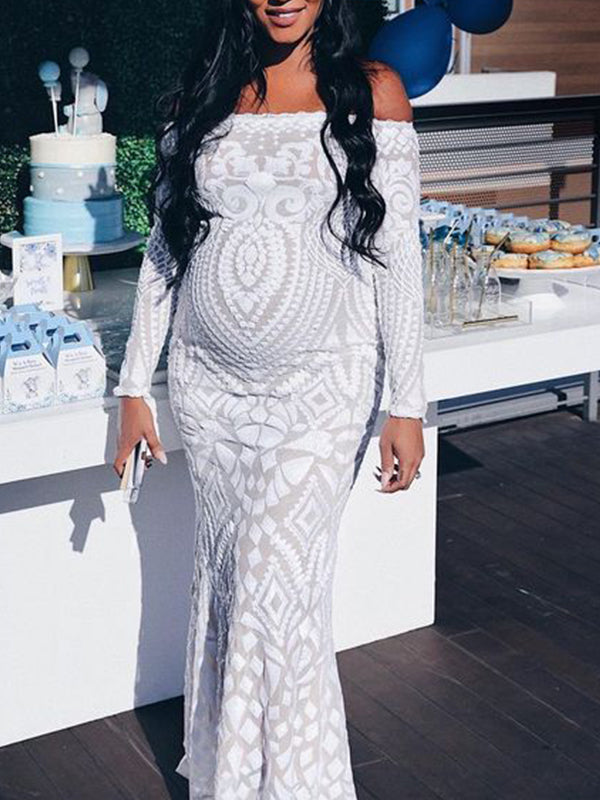 Stilla | Hvid Dækpude Pailletter Bare Skuldre Fishtail Elegante Tynd Bubble Ærme Fest Maxi Kjoler Fotografisk Gravidkjole