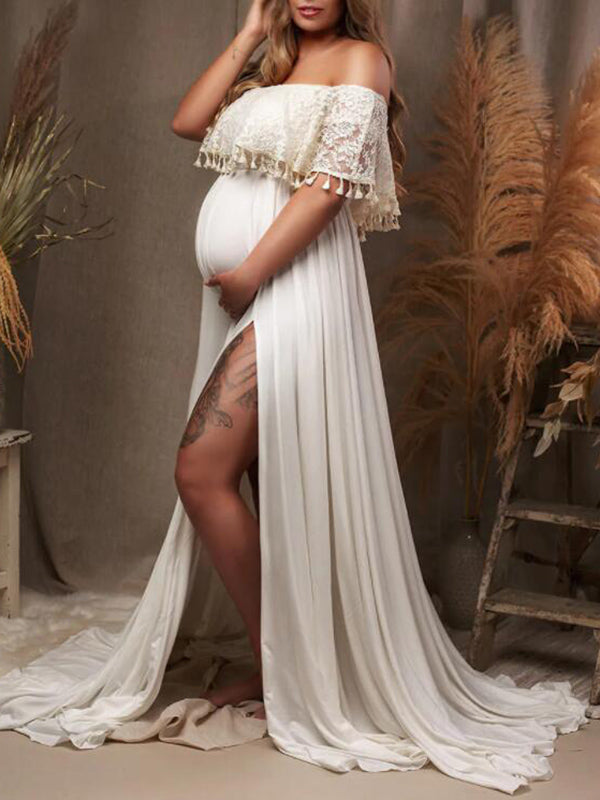 Stilla | Bianco Elegante Atchwork Pizzo Frange Spacco Skuldre Uden Fest Maxi Kjoler Fotografisk Premaman