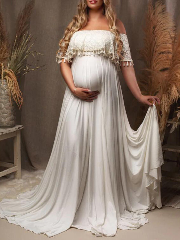 Stilla | Bianco Elegante Atchwork Pizzo Frange Spacco Skuldre Uden Fest Maxi Kjoler Fotografisk Premaman