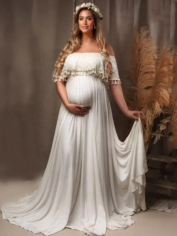 Stilla | Bianco Elegante Atchwork Pizzo Frange Spacco Skuldre Uden Fest Maxi Kjoler Fotografisk Premaman