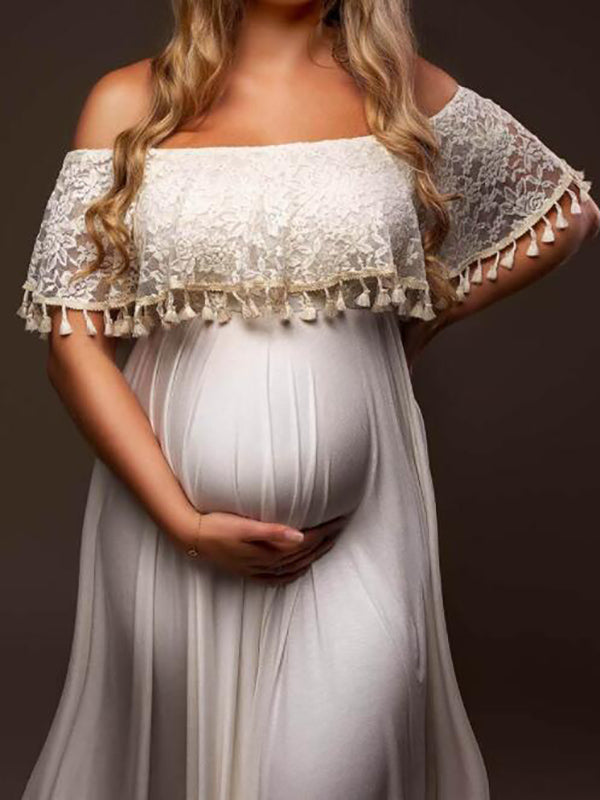 Stilla | Bianco Elegante Atchwork Pizzo Frange Spacco Skuldre Uden Fest Maxi Kjoler Fotografisk Premaman