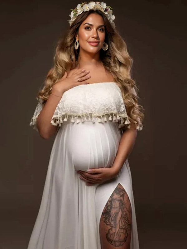 Stilla | Bianco Elegante Atchwork Pizzo Frange Spacco Skuldre Uden Fest Maxi Kjoler Fotografisk Premaman
