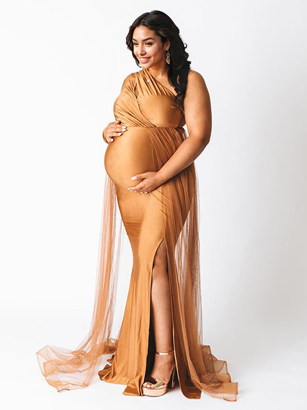Stilla | Cachi En Skulder Tulle Side Slids Plus Size Maxi Graviditetskjole Fest Kjoler Til Dåb Maxi Graviditetskjole