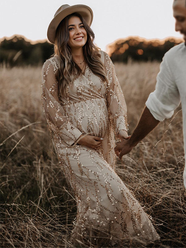 Stilla | Abrikos Elegante Boheme Pailletter Frynser Chiffon V-hals Maxi Kjoler Fotografisk Graviditet Robe