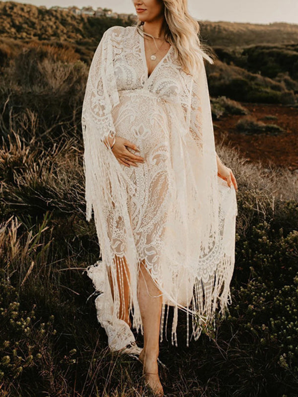 Stilla | Hvid Bohemia Blonde Frynse Transparent Høj Talje Trompet Ærmer Maxi Graviditetsfotografisk Kjole