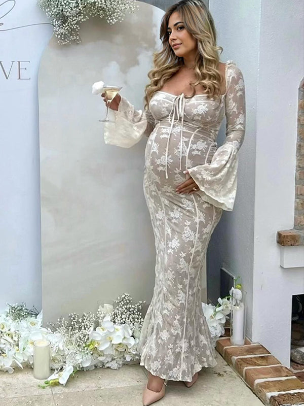 Stilla | Hvid Blonde Lang Graviditet Kjole Firkantet Krave Trompetærmer Elegante Slank Cocktail Maxi Graviditet Kjoler