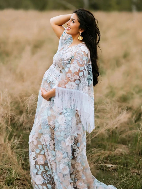 Stilla | Boemia Lace Patchwork Frynse Broderi Gennemsigtig V-hals Slæb Maxi Maternity Kjoler