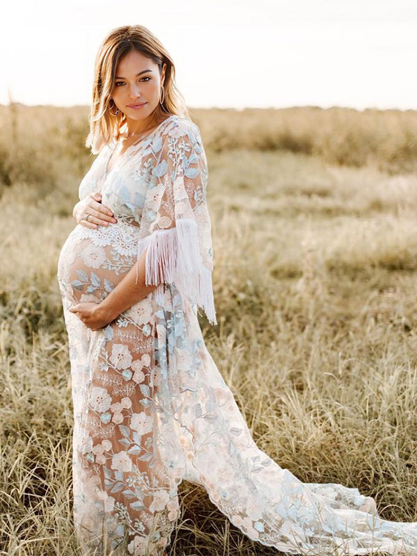 Stilla | Boemia Lace Patchwork Frynse Broderi Gennemsigtig V-hals Slæb Maxi Maternity Kjoler