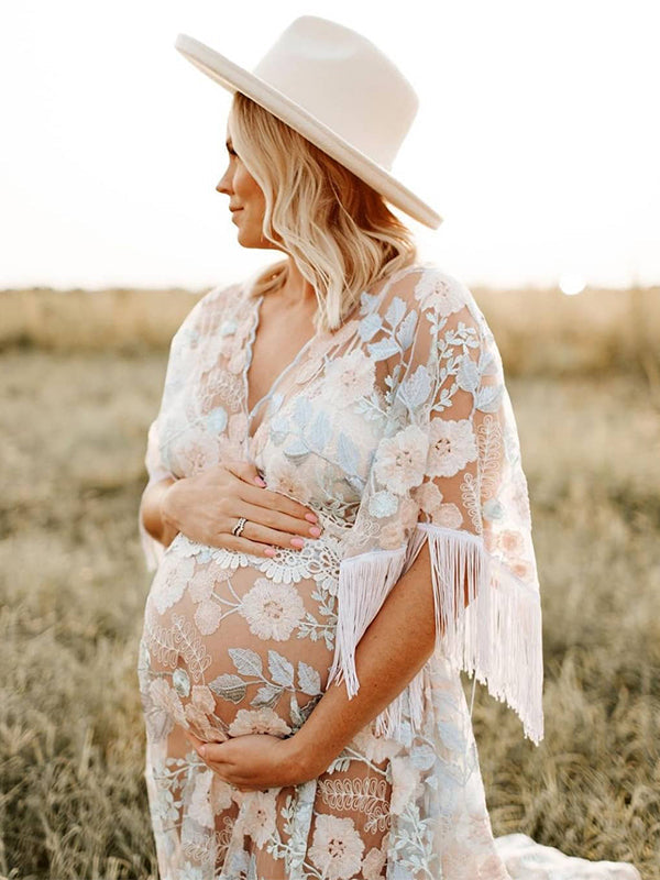 Stilla | Boemia Lace Patchwork Frynse Broderi Gennemsigtig V-hals Slæb Maxi Maternity Kjoler