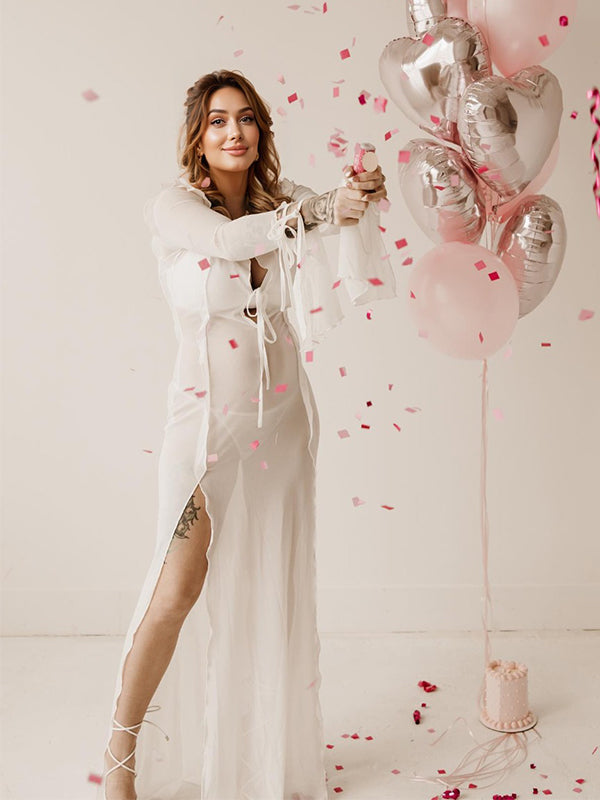 Stilla | Hvid Bånd Gennemsigtig Chiffon Side Slids Fest Elegante Tynd Maxi Graviditetskjoler