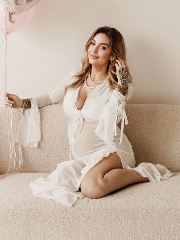 Stilla | Hvid Bånd Gennemsigtig Chiffon Side Slids Fest Elegante Tynd Maxi Graviditetskjoler
