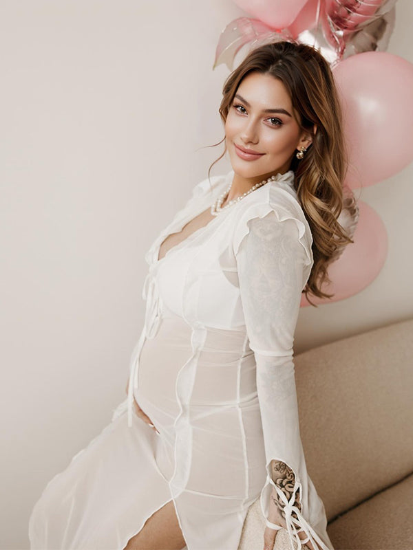 Stilla | Hvid Bånd Gennemsigtig Chiffon Side Slids Fest Elegante Tynd Maxi Graviditetskjoler