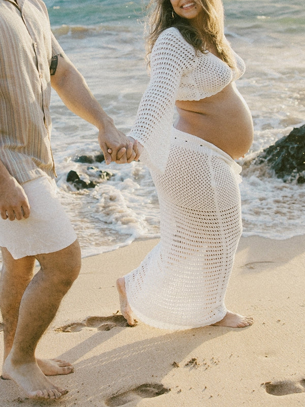 Stilla | Hvid Hulmønster V-hals Strand Ferie Maxi Kjoler Fotografering Gravid