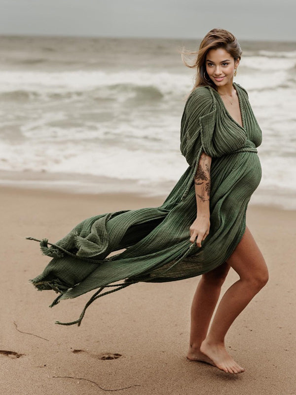 Stilla | Lino Cotton V-hals Uden Ryg Side Slids Frynser Boheme Ferie Maxi Kjoler Fotoshoot Gravid
