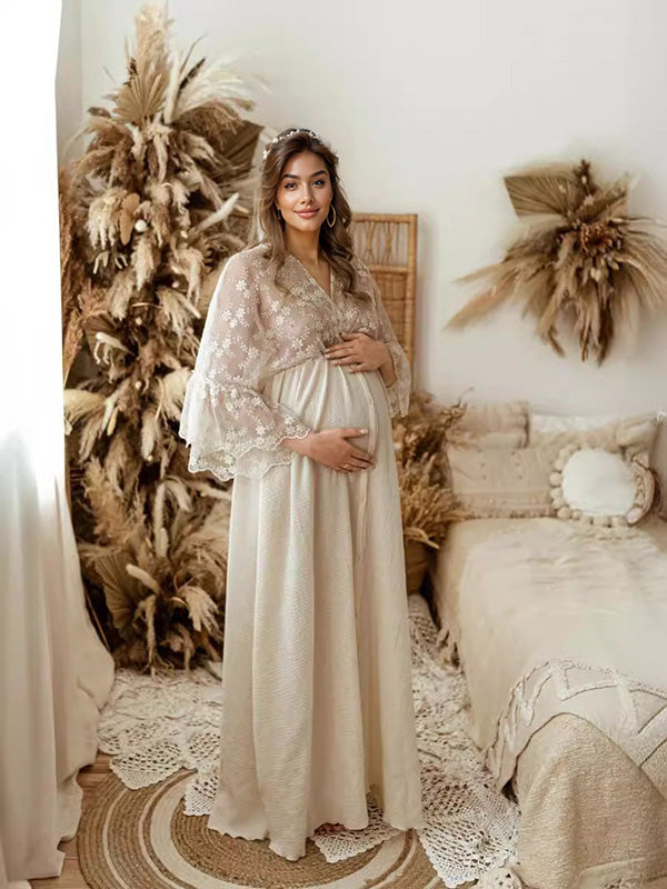 Stilla | Abrikos Elegante Blonde Broderi Maxi Kjoler Fotoshoot Gravid