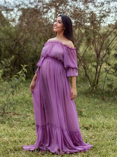 Stilla | Viola Chiffon Elegante Skuldre Uden Ryg Nederdel Strand Ferie Boheme Maxi Kjoler Fotografi Graviditetskjolet
