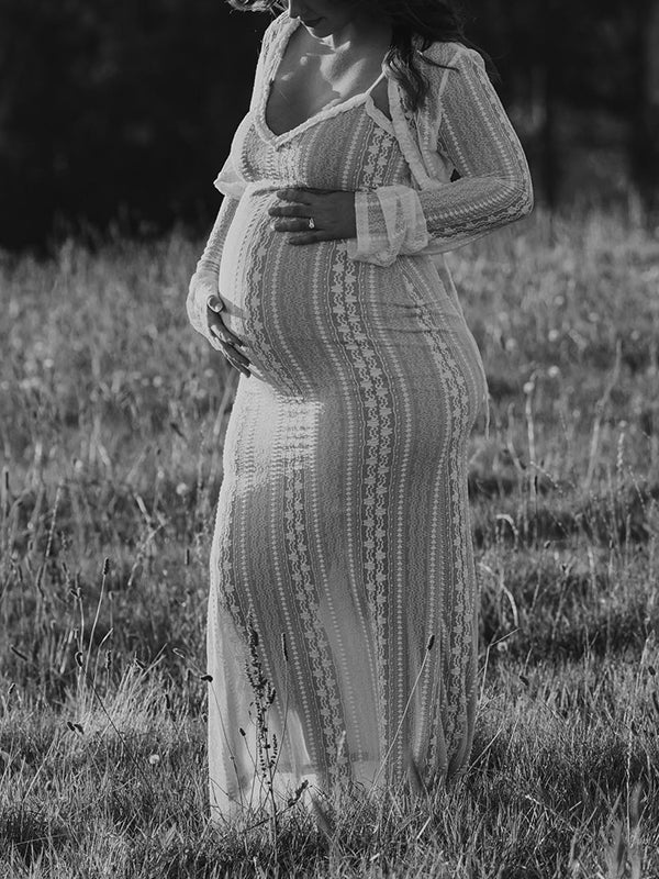 Stilla | Abrikos Dantel 2 Stykker Side Slids V-hals Underkjole Maxi Kjoler Elegante Fotografiske Premamma