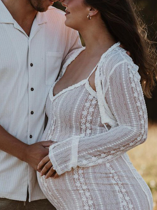 Stilla | Abrikos Dantel 2 Stykker Side Slids V-hals Underkjole Maxi Kjoler Elegante Fotografiske Premamma
