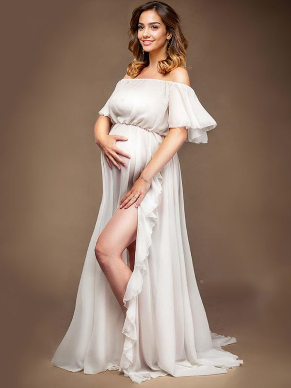 Stilla | Ensartet Farve Chiffon Skulderfri Uden Bagside Flæser Side Split Maxi Fotografi Gravidkjoler