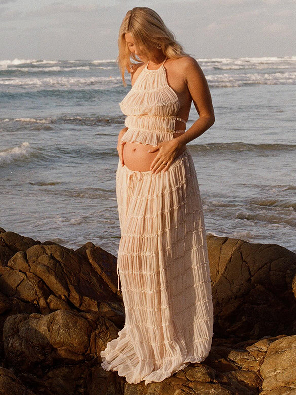 Stilla | Beige 2 Dele Flæser Uden Ryg Elegante Strand Ferie Maxi Kjoler Fotograferings Premaman