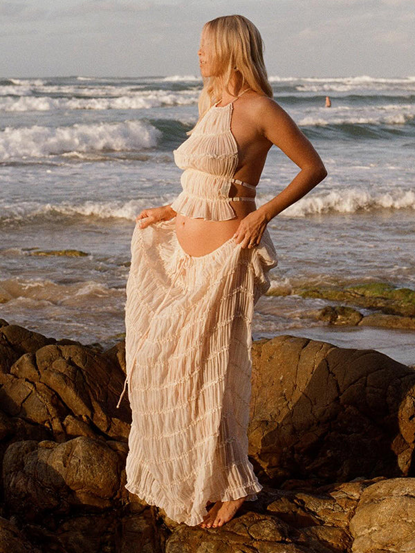 Stilla | Beige 2 Dele Flæser Uden Ryg Elegante Strand Ferie Maxi Kjoler Fotograferings Premaman