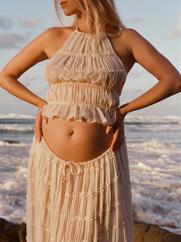 Stilla | Beige 2 Dele Flæser Uden Ryg Elegante Strand Ferie Maxi Kjoler Fotograferings Premaman
