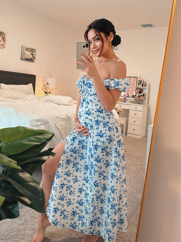 Stilla | Blomstret Print Bare Skuldre Puffærmet Side Slids Sød Ferie Maxi Gravidkjoler