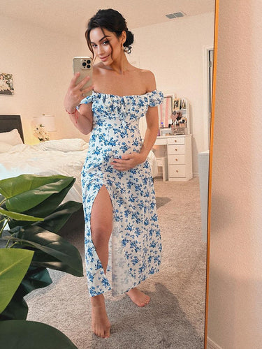 Stilla | Blomstret Print Bare Skuldre Puffærmet Side Slids Sød Ferie Maxi Gravidkjoler
