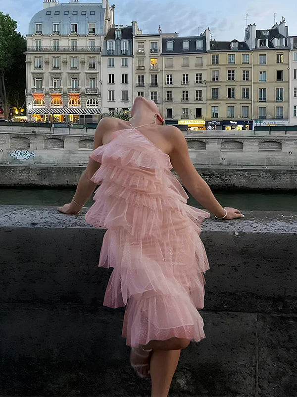 Stilla | Rosa Uregelmæssig Chiffon Snøring in Halsen Volanger Fest Midi Gravidkjoler