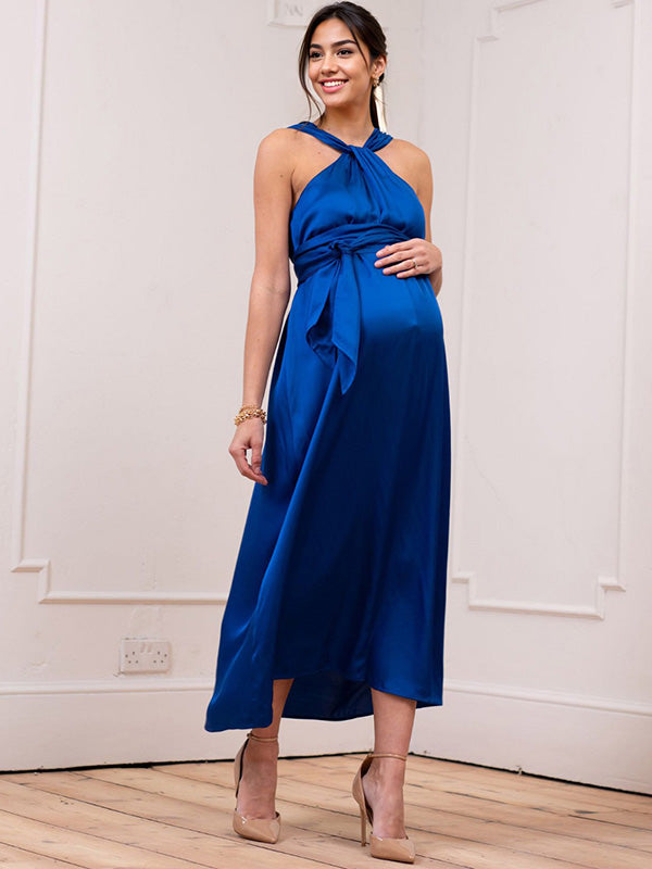 Stilla | Blu Navy Snøring in Halsen Offentlig Skuldre Cocktail Midi Festkjoler Gravid