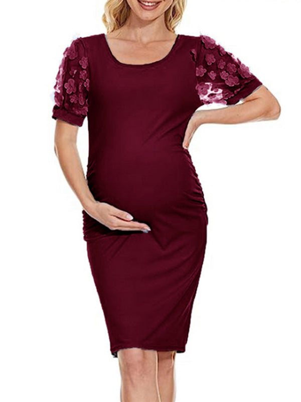 Stilla | Enkelt Farve 3d Blomster Gitter Elegante Tynd Rund Hals Midi Maternity Kjoler