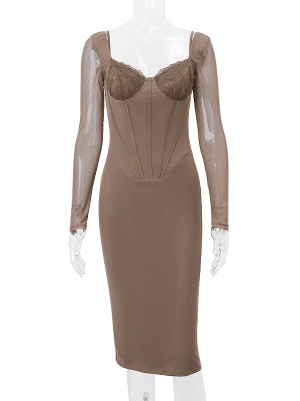 Stilla | Brun Knap Net Mode Tynd Fest Midi Maternity Kjoler