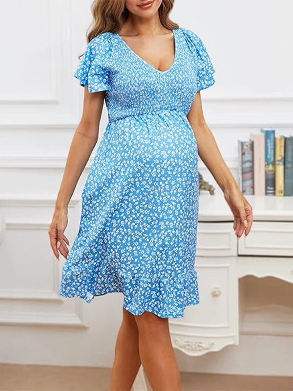 Stilla | Elegante Blomster V-hals Søde Hverdag Mini Maternity Kjoler