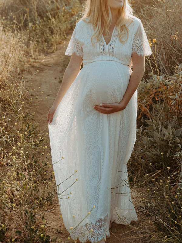 Stilla | Hvid Perforeret Volanger Broderi V-hals Blonde Maxi Kjoler Til Fotoservice