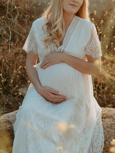 Stilla | Hvid Perforeret Volanger Broderi V-hals Blonde Maxi Kjoler Til Fotoservice