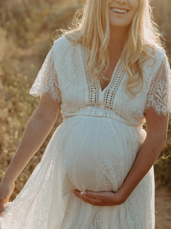 Stilla | Hvid Perforeret Volanger Broderi V-hals Blonde Maxi Kjoler Til Fotoservice