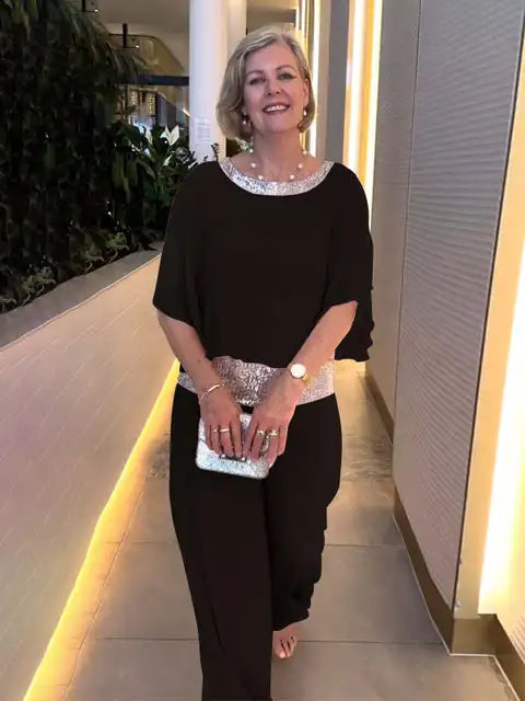 Stilla | Elegant Nat Sæt: Skinnende Top Og Palazzo Bukser