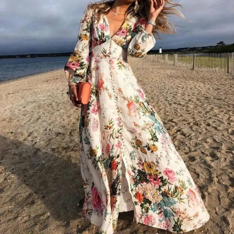 Skovae | Floral Langærmet V Udsnit Boho Solkjole