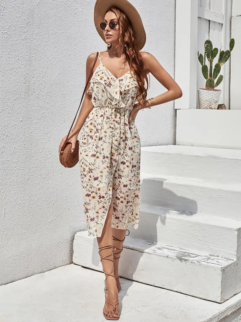 Stilla | Blomster Midi Kjole Uden Ærmer Elegant Sommerkjole Med V-Hals Og Flæser En Komfortabel Pasform