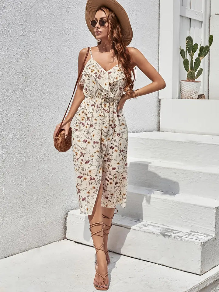 Stilla | Blomster Midi Kjole Uden Ærmer Elegant Sommerkjole Med V-Hals Og Flæser En Komfortabel Pasform