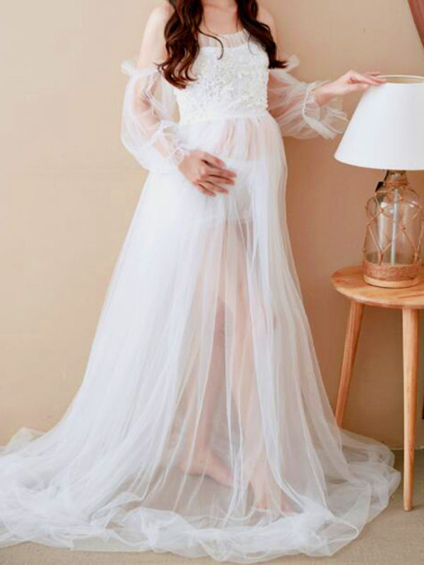 Stilla | Patchwork Blonde Mesh Båd Hals Elegante Kjoler Til Fotoshoots in Blonde
