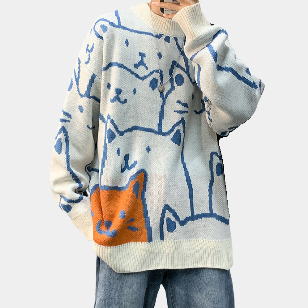 Stilla | Trendigt Kat Print Pullover til Mænd