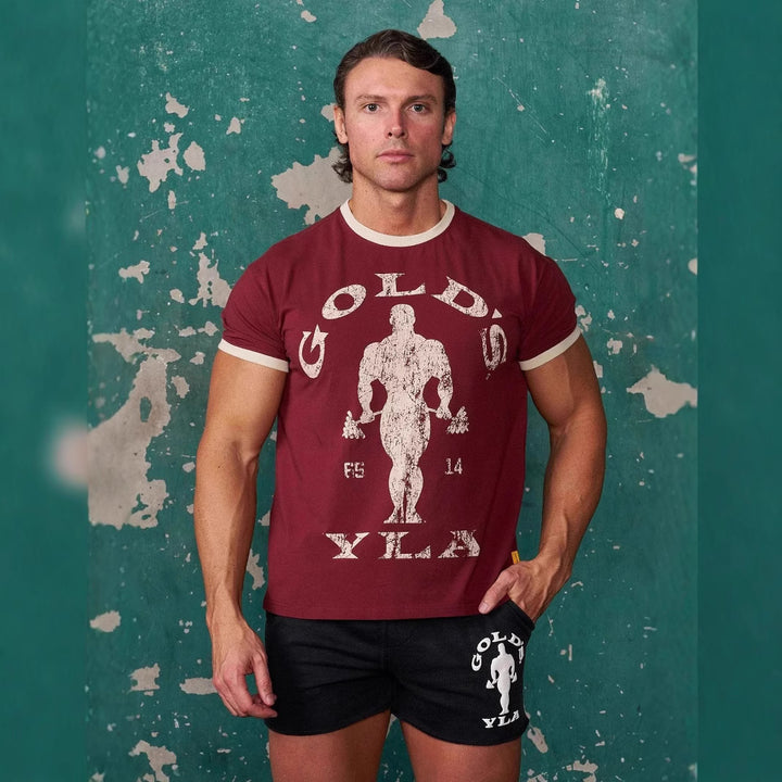 Herrer nan Vintage Træningsshirt med Rundhalsudskæring Kontrastmanschetter og Retro-Bodybuilding-tryk Skovae