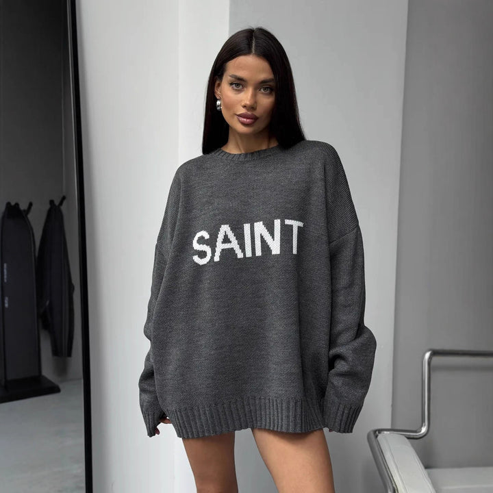 Kvinder Oversized Strik Sweater med Kreativ Skrift Stilla