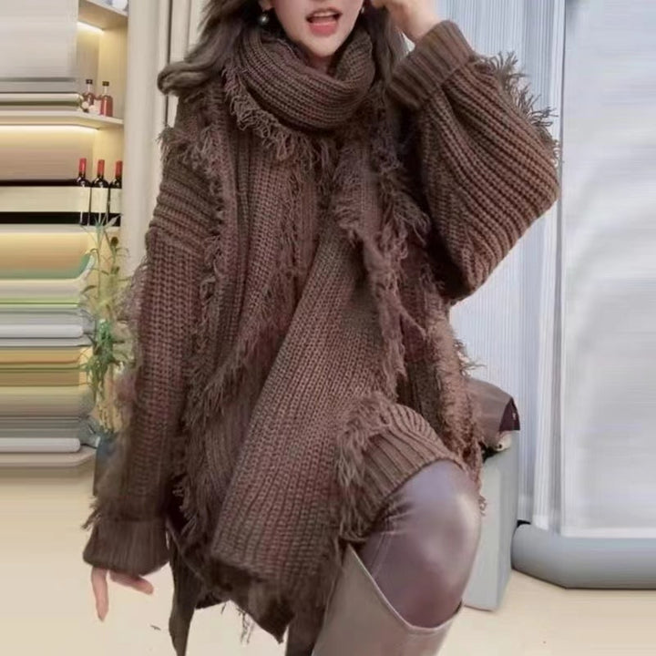 Kvindernes oversized strikket sweater med frynser og V-hals Stilla