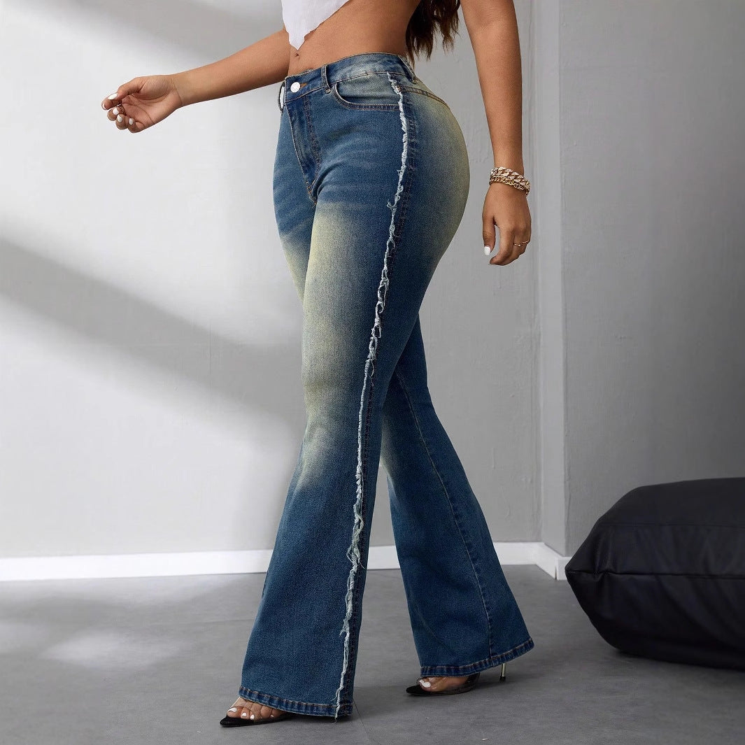 Damernes Bootcut Jeans med Høj Talje lavet af Letvægts Denim og Raflede Detaljer Stilla