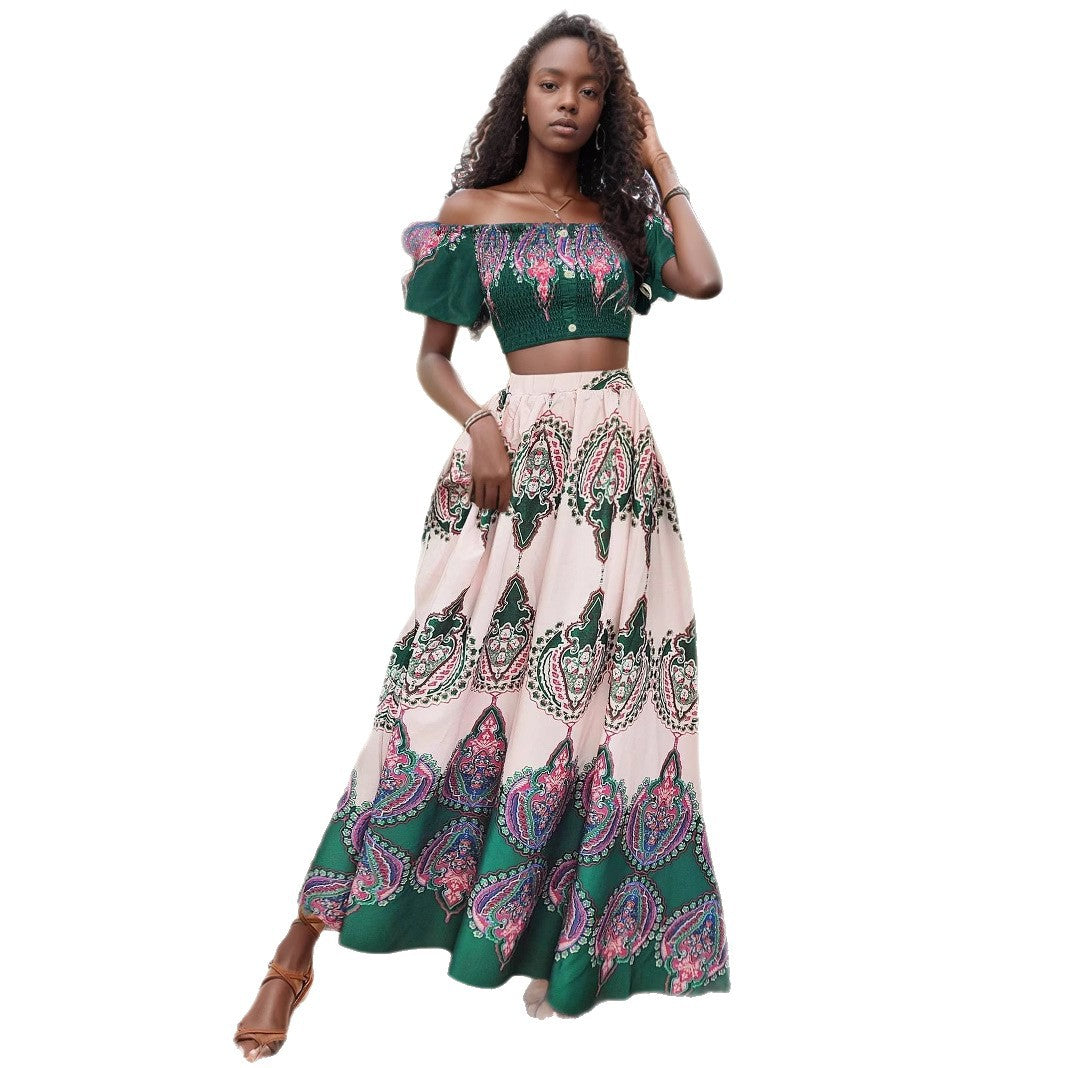 Dame Bohemian Off-Shoulder Crop Top og Maxi Skirt Sæt Stilla
