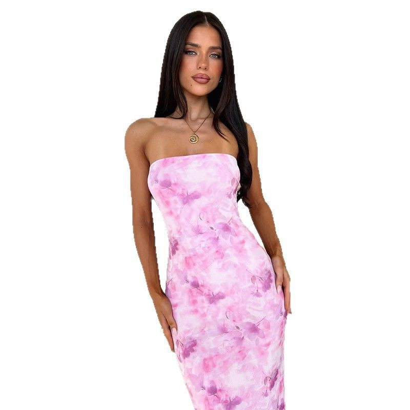 Dame elegant strapless maxikjole med blomstermønster og tætsiddende silhuet Skovae
