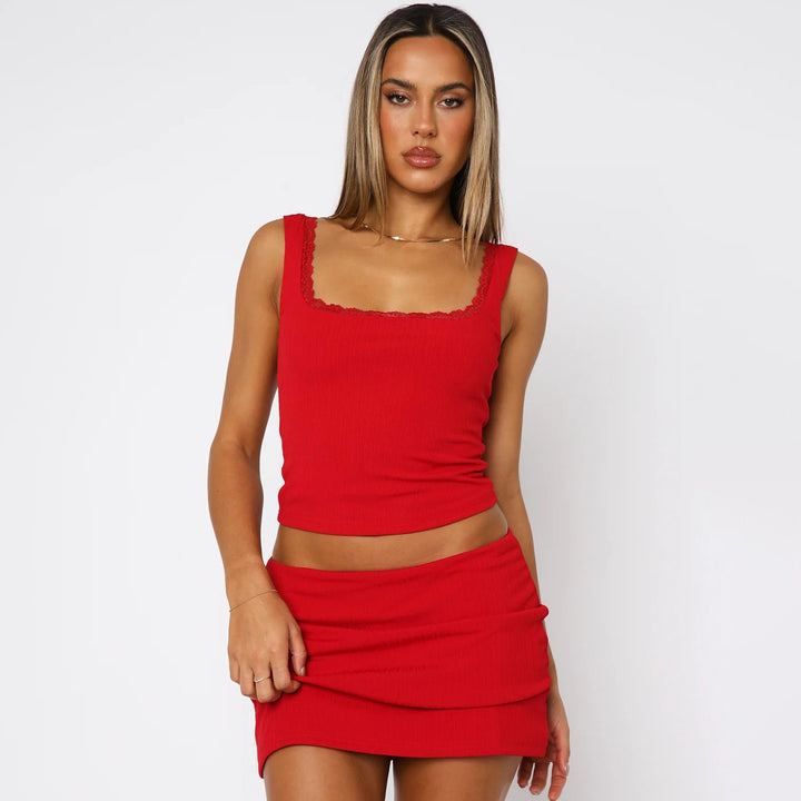 Dame Bodycon Crop-Top og Mini nederdel sæt i ribstrikdesign Stilla