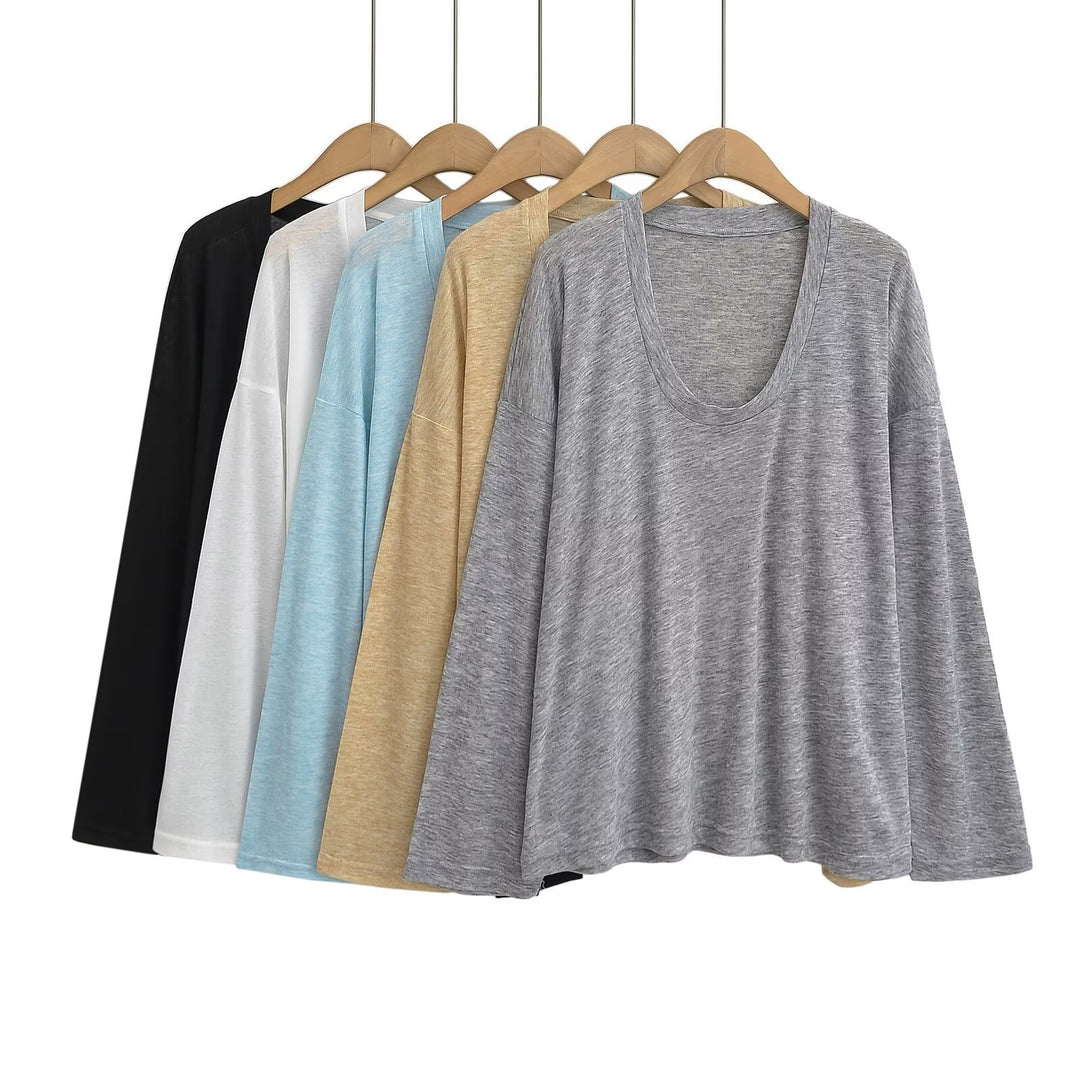 Dame longsleeve skjorte med dyb rund halsudskæring og løs pasform Stilla